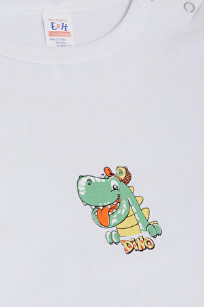 Breeze Erkek Bebek Çıtçıtlı Zıbın Body Mutlu Dinozor Baskılı 9 Ay-3 Yaş, Beyaz