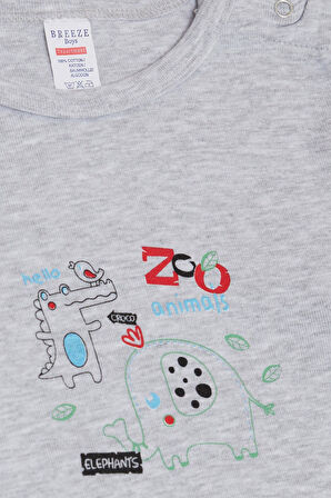 Breeze Erkek Bebek Çıtçıtlı Zıbın Body Hayvanat Bahçesi Dost Hayvanlar Baskılı 9 Ay-3 Yaş, Açık Gri Melanj