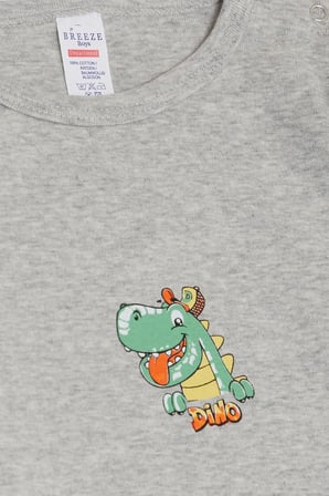 Breeze Erkek Bebek Çıtçıtlı Zıbın Body Mutlu Dinozor Baskılı 9 Ay-3 Yaş, Gri Melanj