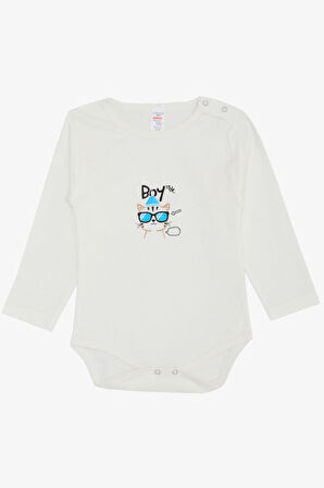 Breeze Erkek Bebek Çıtçıtlı Zıbın Body Gözlüklü Kedicik Baskılı 9 Ay-3 Yaş, Ekru