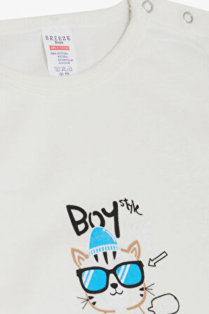 Breeze Erkek Bebek Çıtçıtlı Zıbın Body Gözlüklü Kedicik Baskılı 9 Ay-3 Yaş, Ekru