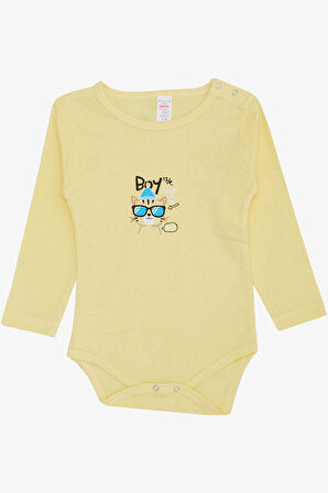 Breeze Erkek Bebek Çıtçıtlı Zıbın Body Gözlüklü Kedicik Baskılı 9 Ay-3 Yaş, Sarı