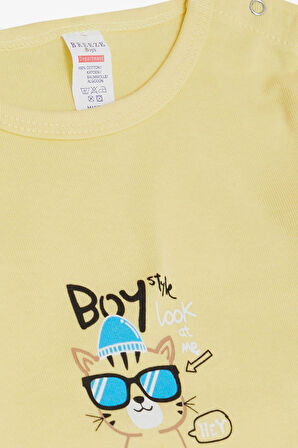 Breeze Erkek Bebek Çıtçıtlı Zıbın Body Gözlüklü Kedicik Baskılı 9 Ay-3 Yaş, Sarı