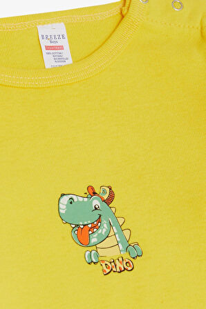 Breeze Erkek Bebek Çıtçıtlı Zıbın Body Mutlu Dinozor Baskılı 9 Ay-3 Yaş, Sarı