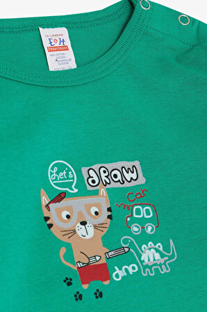 Breeze Erkek Bebek Çıtçıtlı Zıbın Body Ressam Kedicik Baskılı 9 Ay-3 Yaş, Yeşil