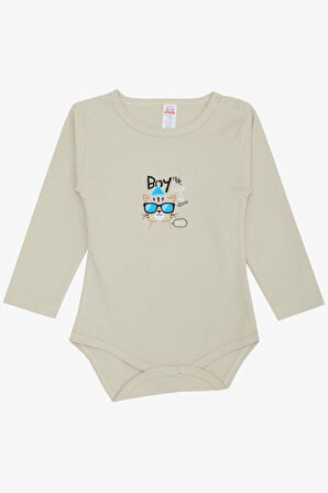 Breeze Erkek Bebek Çıtçıtlı Zıbın Body Gözlüklü Kedicik Baskılı 9 Ay-3 Yaş, Taş