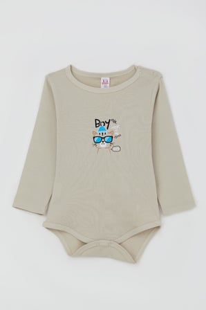 Breeze Erkek Bebek Çıtçıtlı Zıbın Body Gözlüklü Kedicik Baskılı 9 Ay-3 Yaş, Taş
