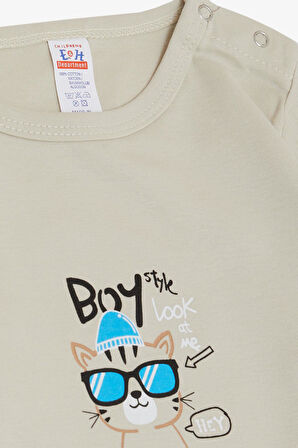 Breeze Erkek Bebek Çıtçıtlı Zıbın Body Gözlüklü Kedicik Baskılı 9 Ay-3 Yaş, Taş