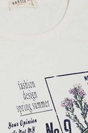 Breeze Kız Çocuk Tişört Moda Temalı Yazı & Renkli Çiçek Baskılı 10-14 Yaş, Ekru