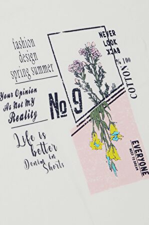 Breeze Kız Çocuk Tişört Moda Temalı Yazı & Renkli Çiçek Baskılı 10-14 Yaş, Ekru