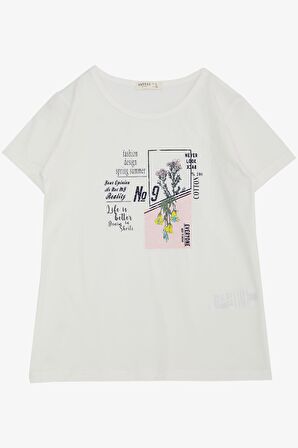 Breeze Kız Çocuk Tişört Moda Temalı Yazı & Renkli Çiçek Baskılı 10-14 Yaş, Ekru