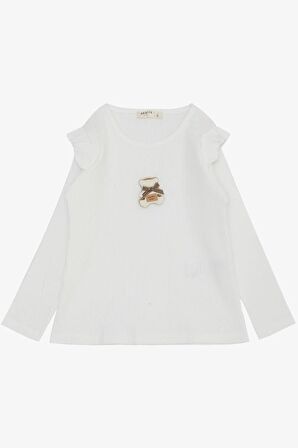 Breeze Kız Çocuk Uzun Kollu Tişört Mutlu Ayıcık Aksesuarlı Omuzu Fırfırlı 2-6 Yaş, Beyaz