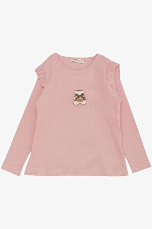 Breeze Kız Çocuk Uzun Kollu Tişört Mutlu Ayıcık Aksesuarlı Omuzu Fırfırlı 2-6 Yaş, Somon