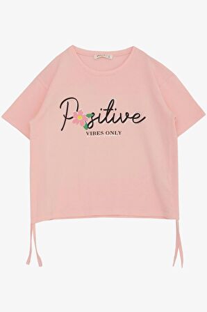 BREEZE Kız Çocuk Tişört Kemer Boy Yazı Baskılı Taşlı Çiçekli 8-14 Yaş, Somon