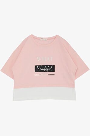 BREEZE Kız Çocuk Crop Tişört Yanları Yırtmaçlı Yazı Baskılı 9-14 Yaş, Pembe