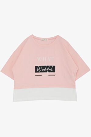 BREEZE Kız Çocuk Crop Tişört Yanları Yırtmaçlı Yazı Baskılı 9-14 Yaş, Pembe