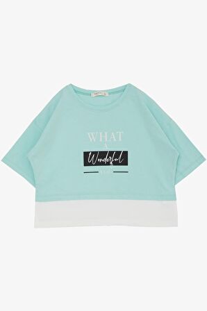 BREEZE Kız Çocuk Crop Tişört Yanları Yırtmaçlı Yazı Baskılı 9-14 Yaş, Su Yeşili