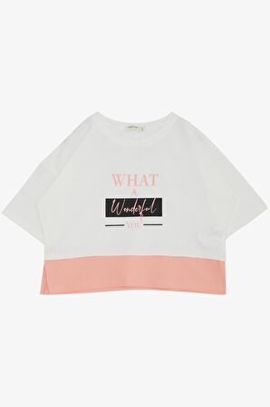 BREEZE Kız Çocuk Crop Tişört Yanları Yırtmaçlı Yazı Baskılı 9-14 Yaş, Ekru