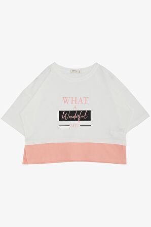 BREEZE Kız Çocuk Crop Tişört Yanları Yırtmaçlı Yazı Baskılı 9-14 Yaş, Ekru