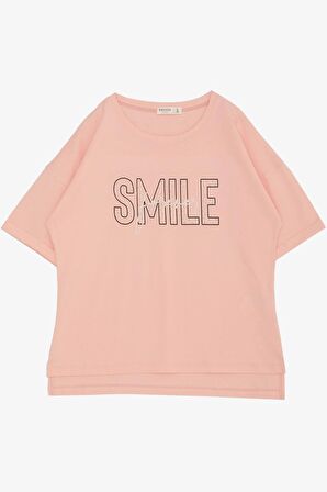 Breeze Kız Çocuk Tişört Smile Yazı Baskılı Taşlı 9-16 Yaş, Somon