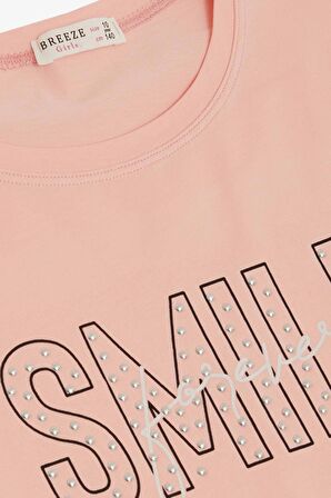 Breeze Kız Çocuk Tişört Smile Yazı Baskılı Taşlı 9-16 Yaş, Somon