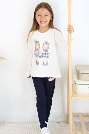 Breeze Kız Çocuk Taytlı Takım Dostluk Temalı Mutlu Kızlar Baskılı 2-6 Yaş, Ekru