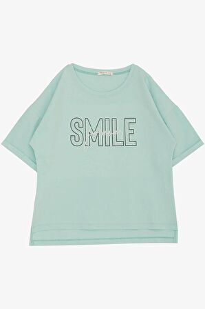 BREEZE Kız Çocuk Tişört Smile Yazı Baskılı Taşlı 9-16 Yaş, Su Yeşili