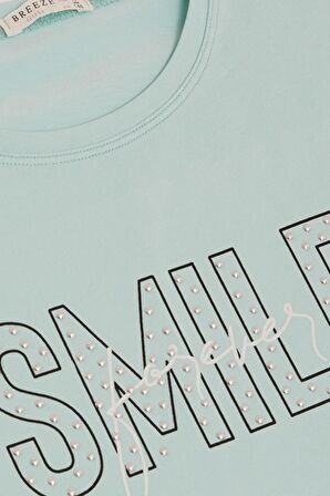 BREEZE Kız Çocuk Tişört Smile Yazı Baskılı Taşlı 9-16 Yaş, Su Yeşili