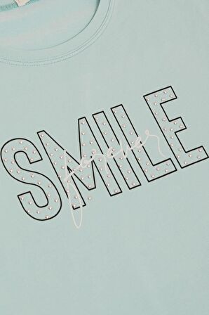 BREEZE Kız Çocuk Tişört Smile Yazı Baskılı Taşlı 9-16 Yaş, Su Yeşili