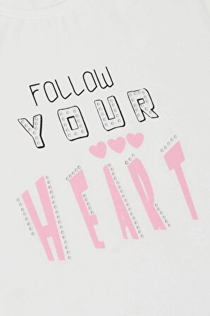 Breeze Kız Çocuk Tişört Taşlı Yazı & Kalp Baskılı 8-14 Yaş, Ekru