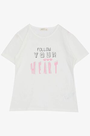 Breeze Kız Çocuk Tişört Taşlı Yazı & Kalp Baskılı 8-14 Yaş, Ekru
