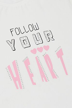 Breeze Kız Çocuk Tişört Taşlı Yazı & Kalp Baskılı 8-14 Yaş, Ekru