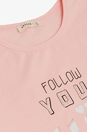 Breeze Kız Çocuk Tişört Taşlı Yazı & Kalp Baskılı 8-14 Yaş, Pembe