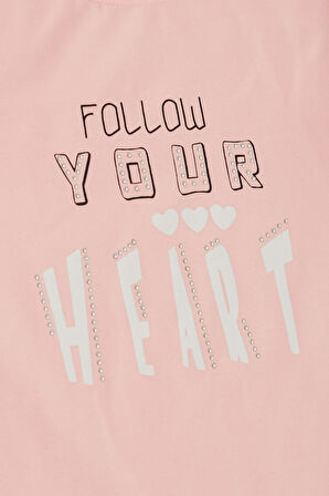 Breeze Kız Çocuk Tişört Taşlı Yazı & Kalp Baskılı 8-14 Yaş, Pembe