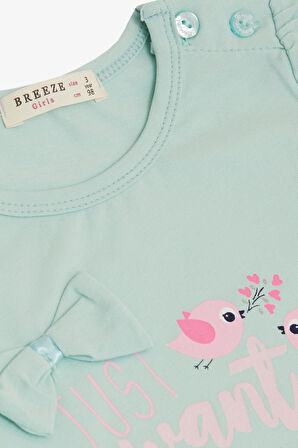 Breeze Kız Çocuk Tişört Sevimli Kuş Baskılı Kalpli 1-4 Yaş, Su Yeşili