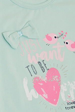 Breeze Kız Çocuk Tişört Sevimli Kuş Baskılı Kalpli 1-4 Yaş, Su Yeşili