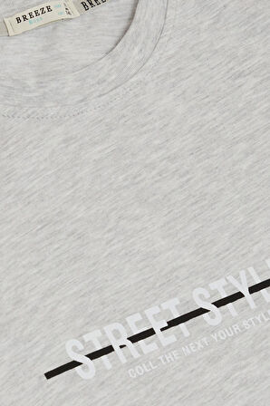 Breeze Erkek Çocuk Tişört Yazı Baskılı Armalı 9-14 Yaş, Açık Gri Melanj