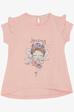 Breeze Kız Çocuk Tişört Bahar Temalı Balerin Kız Baskılı 1.5-5 Yaş, Somon