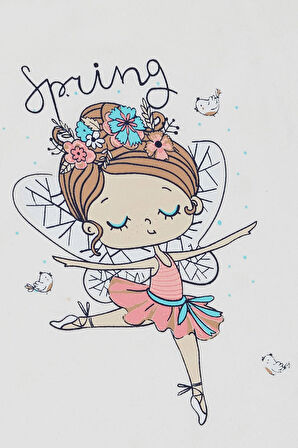 Breeze Kız Çocuk Tişört Bahar Temalı Balerin Kız Baskılı 1.5-5 Yaş, Beyaz