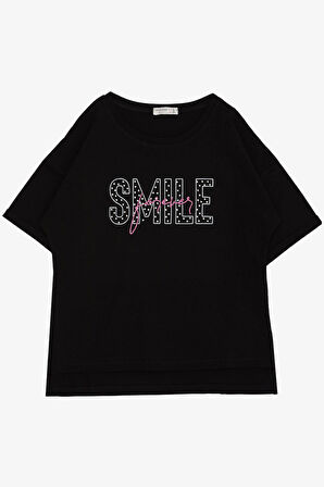 Breeze Kız Çocuk Tişört Smile Yazı Baskılı Taşlı 9-16 Yaş, Siyah