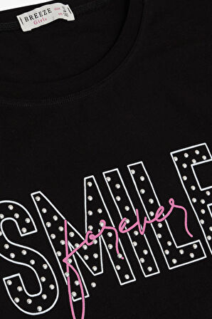 Breeze Kız Çocuk Tişört Smile Yazı Baskılı Taşlı 9-16 Yaş, Siyah