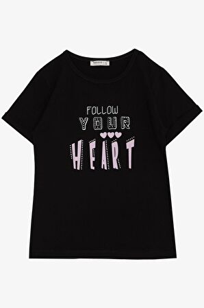 BREEZE Kız Çocuk Tişört Taşlı Yazı & Kalp Baskılı 8-14 Yaş, Siyah