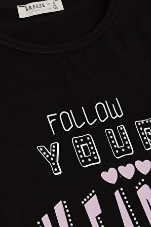 BREEZE Kız Çocuk Tişört Taşlı Yazı & Kalp Baskılı 8-14 Yaş, Siyah