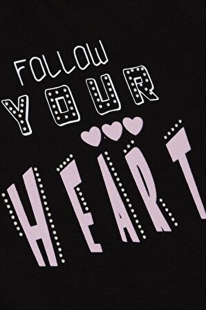 BREEZE Kız Çocuk Tişört Taşlı Yazı & Kalp Baskılı 8-14 Yaş, Siyah