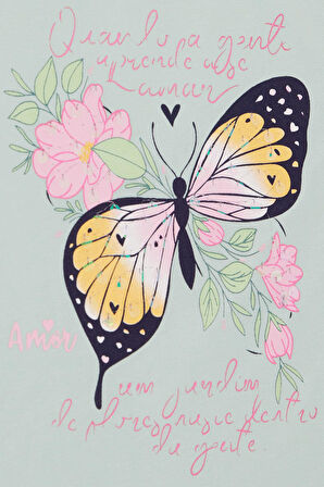 Breeze Kız Çocuk Tişört Kelebek Baskılı 10-16 Yaş, Su Yeşili