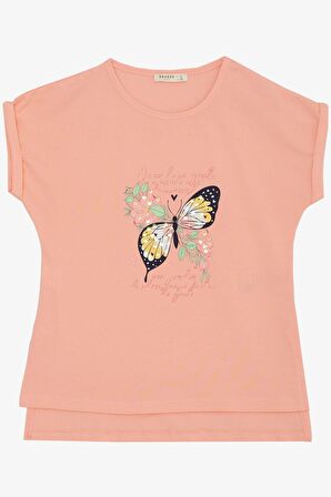 Breeze Kız Çocuk Tişört Kelebek Baskılı 10-16 Yaş, Somon