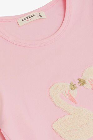 Breeze Kız Çocuk Uzun Kollu Tişört Kabartma Nakışlı Kuğu Baskılı 2-6 Yaş, Pembe
