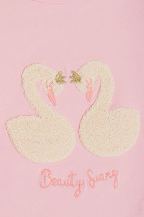 Breeze Kız Çocuk Uzun Kollu Tişört Kabartma Nakışlı Kuğu Baskılı 2-6 Yaş, Pembe