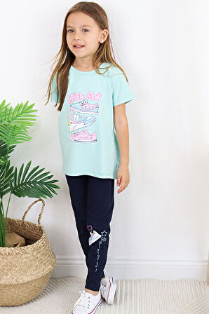 Breeze Kız Çocuk Taytlı Takım Renkli Ayakkabı Baskılı 5-10 Yaş, Su Yeşili