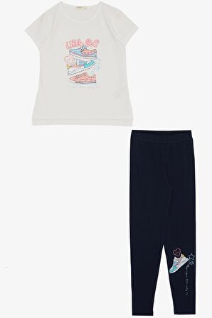 BREEZE Kız Çocuk Taytlı Takım Renkli Ayakkabı Baskılı 5-10 Yaş, Ekru